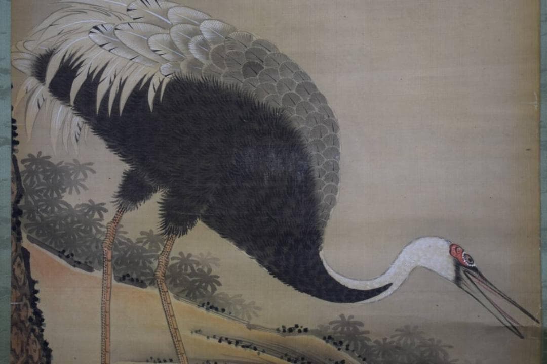 真作/周英/寿老人松鶴図/三福対/布袋屋掛軸HE-499