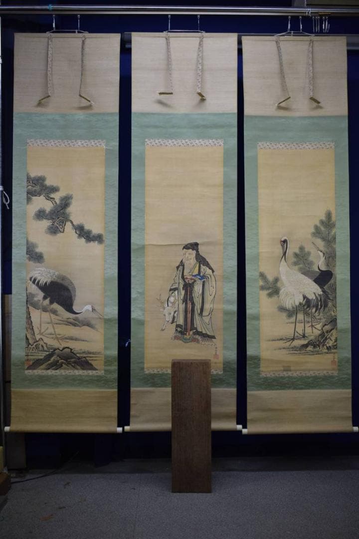 真作/周英/寿老人松鶴図/三福対/布袋屋掛軸HE-499