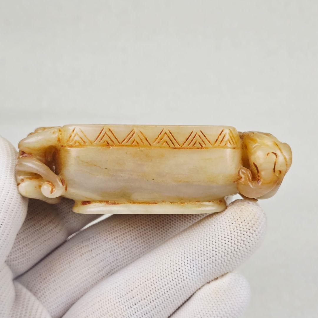 古美術 本物和田白玉 土黄沁 手彫 清代薄胎 双龍紋柄 筆洗 水丞 水盂 筆添