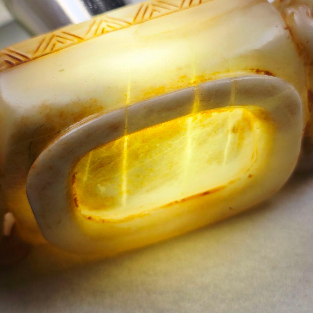 古美術 本物和田白玉 土黄沁 手彫 清代薄胎 双龍紋柄 筆洗 水丞 水盂 筆添