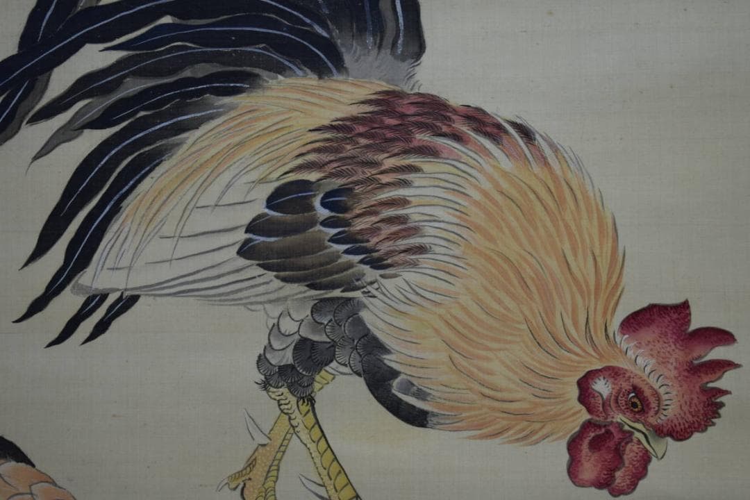 模写/松村景文/双鶏之図/桐題箱二重箱付/布袋屋掛軸HG-82