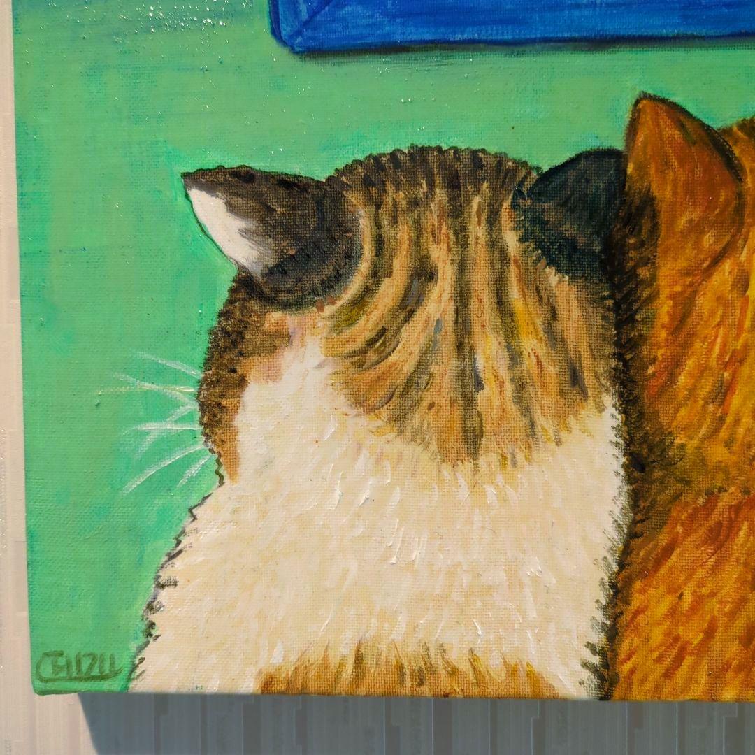 キャンバス油絵　自分の子どものころの写真を見るにゃんこたち