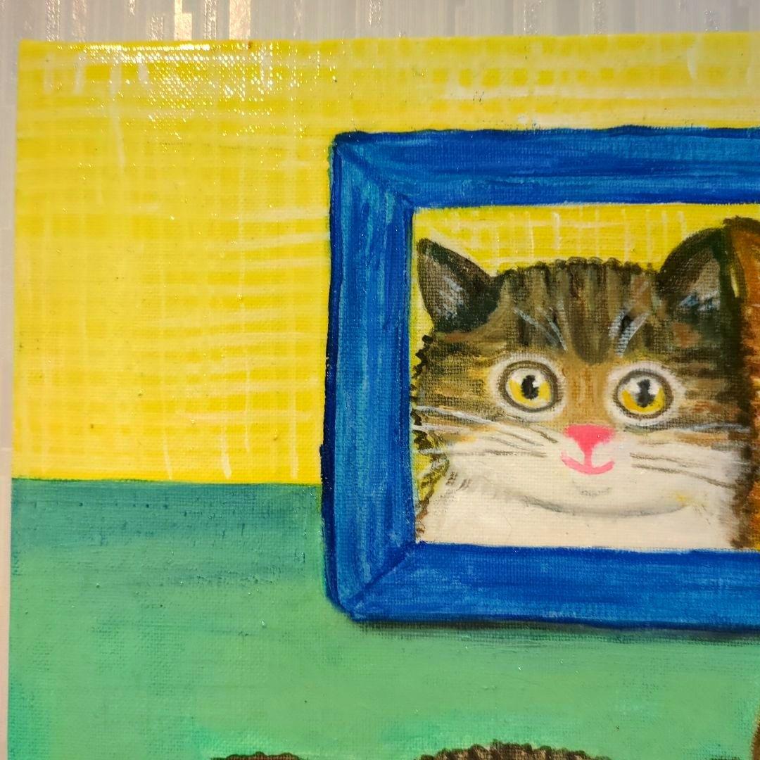 キャンバス油絵　自分の子どものころの写真を見るにゃんこたち