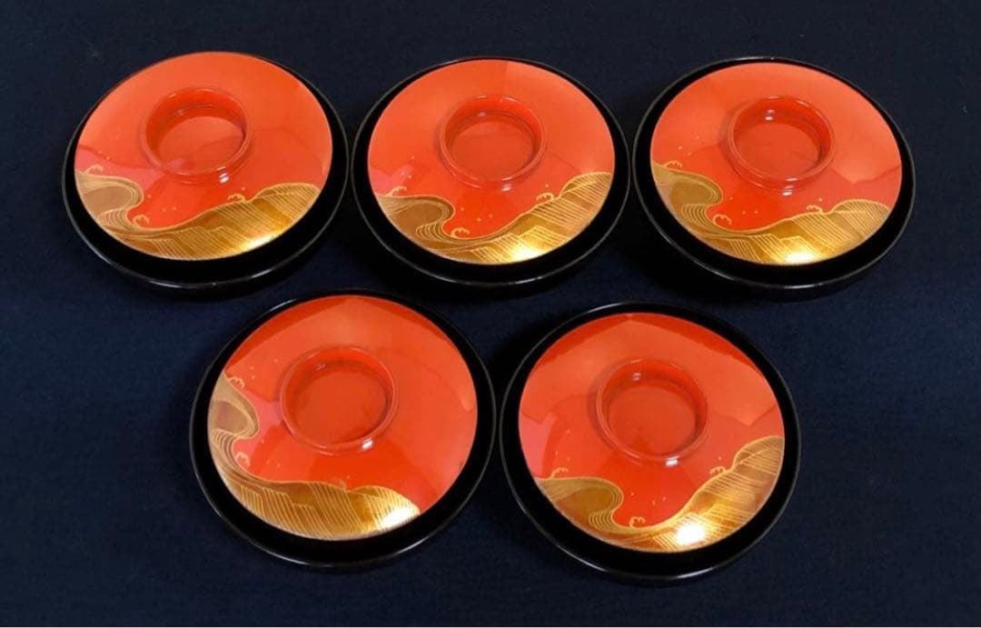 《R》懐石 蒔絵付 洗朱 吸物椀5客 木製漆器 木箱　260107か5