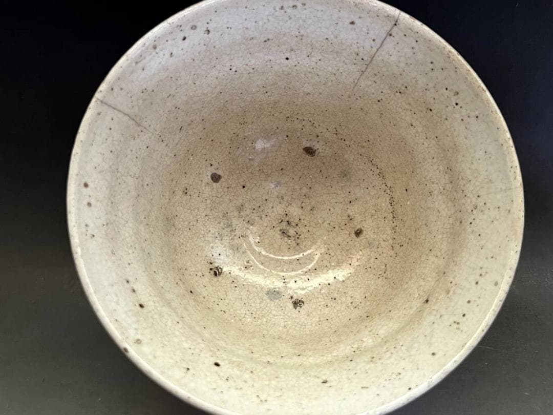 茶碗■犬山焼 白釉粉引き 秋桜絵（江戸期）お茶道具 仕覆、桐箱付 時代物 骨董■