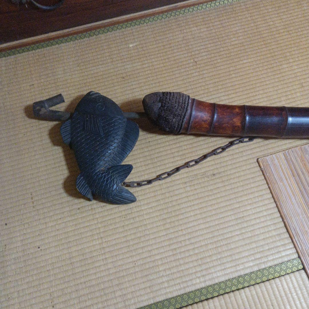 自在鉤 古民具 竹製 鯛の木彫り 囲炉裏 レトロ