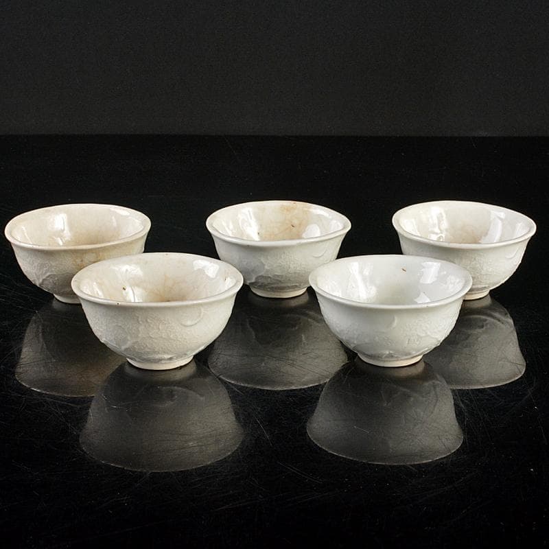 白高麗　徳化窯　陽刻　桜閣山水文　煎茶碗　五客　仕覆・時代箱付　G　R5270