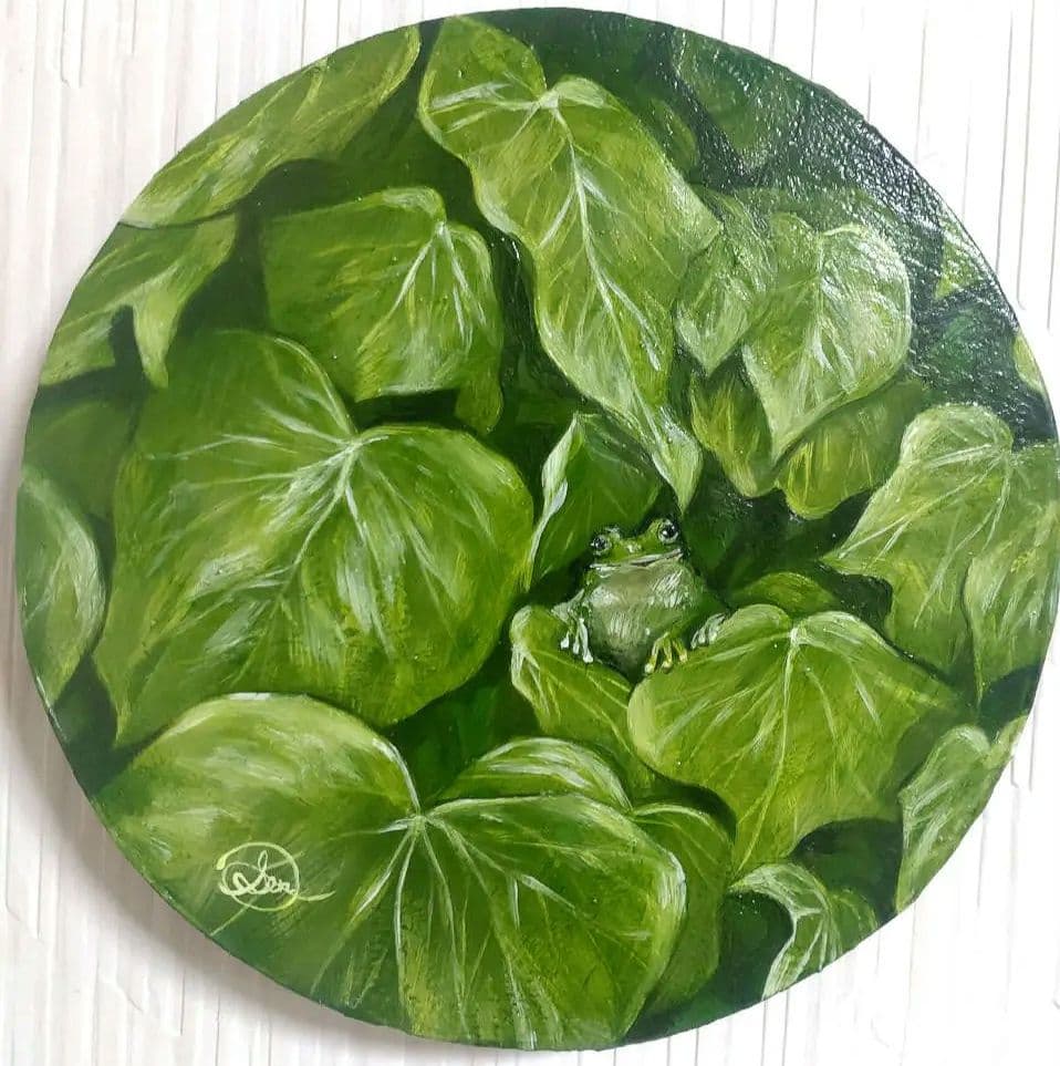何かが隠れている油絵【緑の隠れ家】1点物の原画◆作者サイン入り