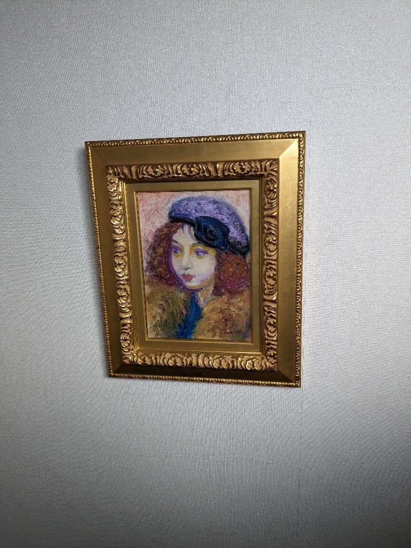 【真作】田中繁吉、『帽子の女』、油彩4号、1989年制作、サイン有、黄袋、差箱付