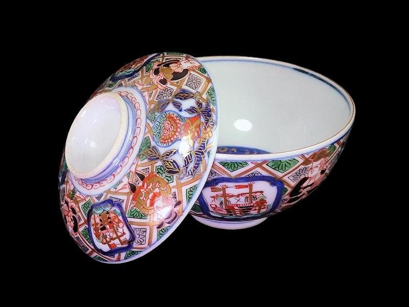 大聖寺伊万里　金襴手　五艘船に南蛮人の図　蓋茶碗　F318AS-CXy