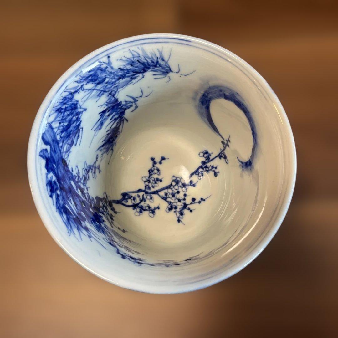 【明治十年購入／西脇順三郎生家伝来】染付 梅竹図 盃洗 共箱・書付あり 骨董品