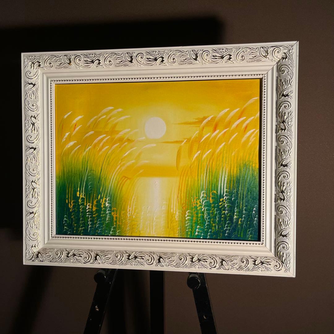 手書き油絵 湖と渡り鳥 額付き インテリア 油彩画