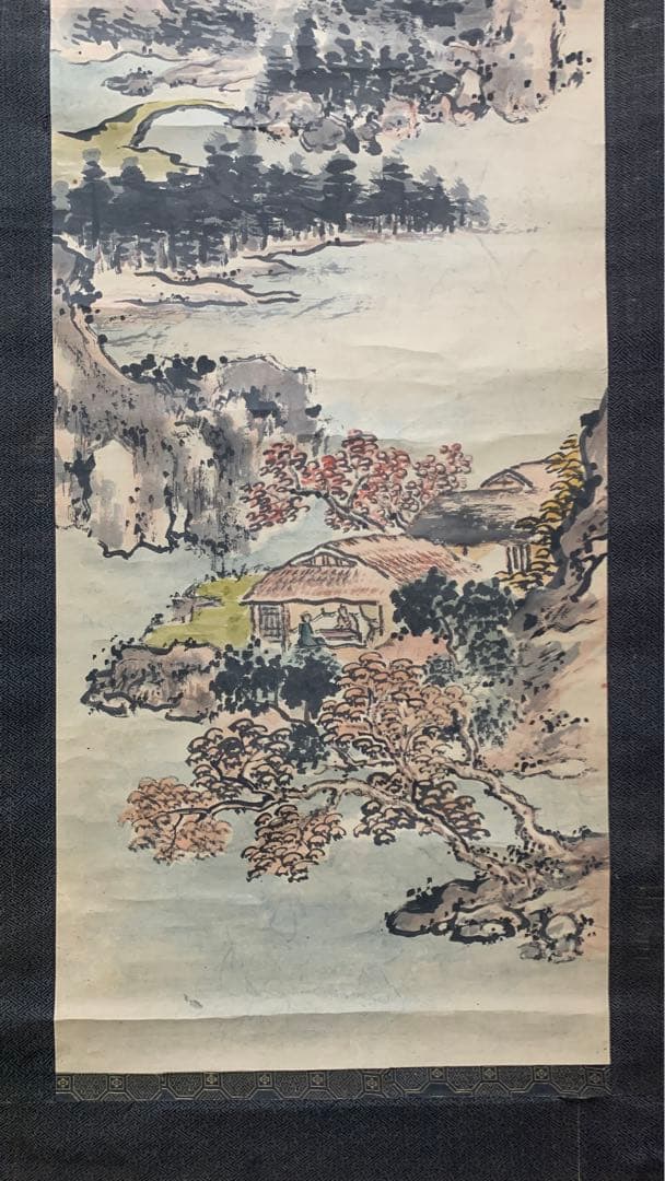 ②② 中国？山水風景水彩画掛軸　署名捺印有り　作者不明