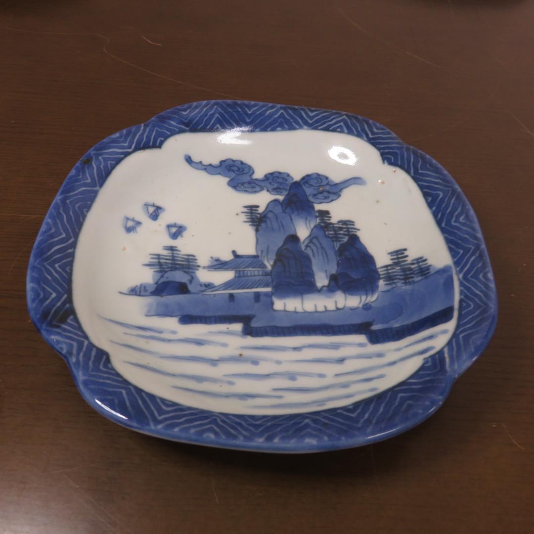 角皿 染付 8枚 山水 江戸 雲 民家 船 変形皿 合箱あり