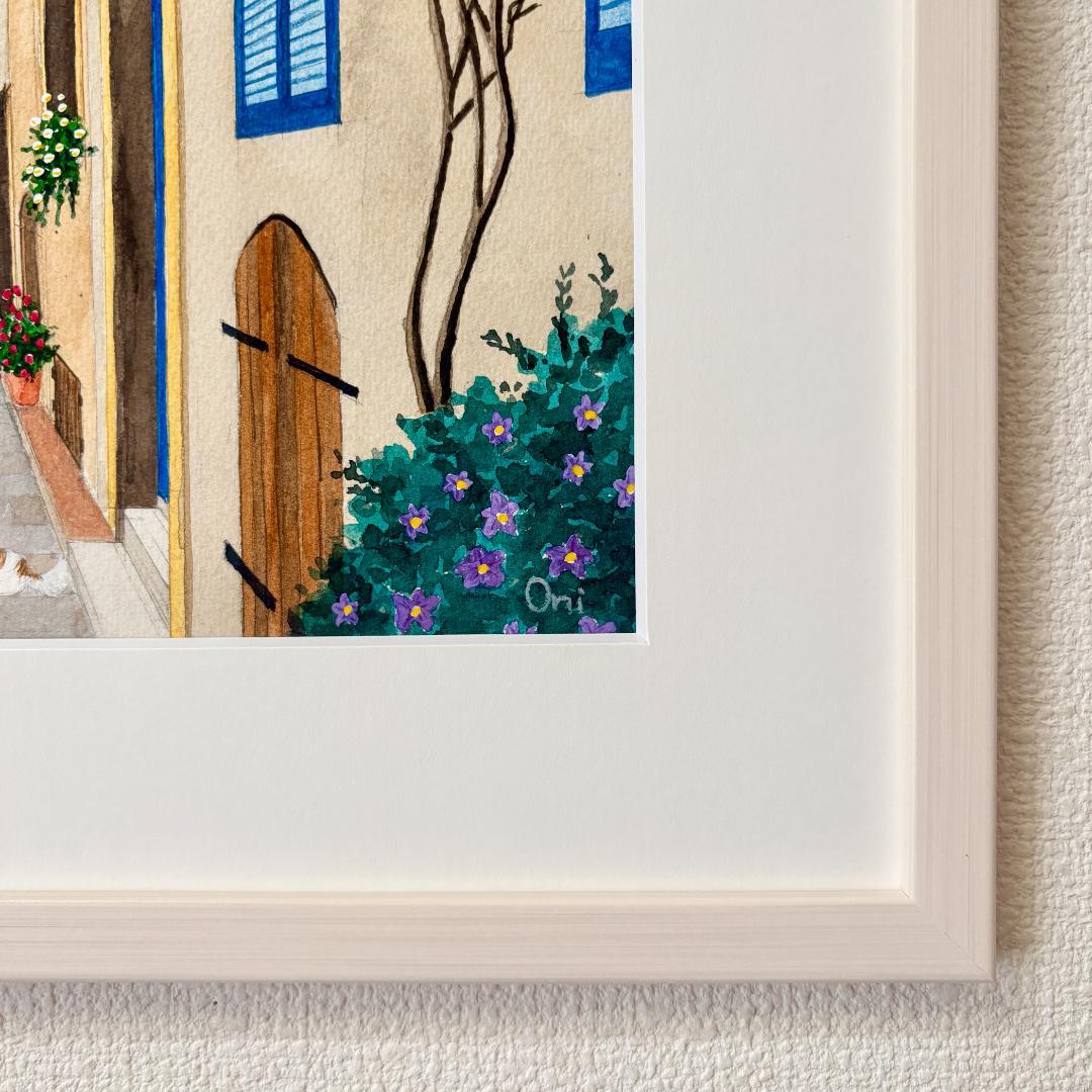 透明水彩画　原画　「花の咲く路地05」額縁付き　F4サイズ　風景画