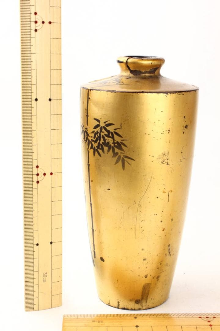 【幕末　明治時代】輸出漆器　里帰り品　鶴と竹図　沃懸地 木製花瓶