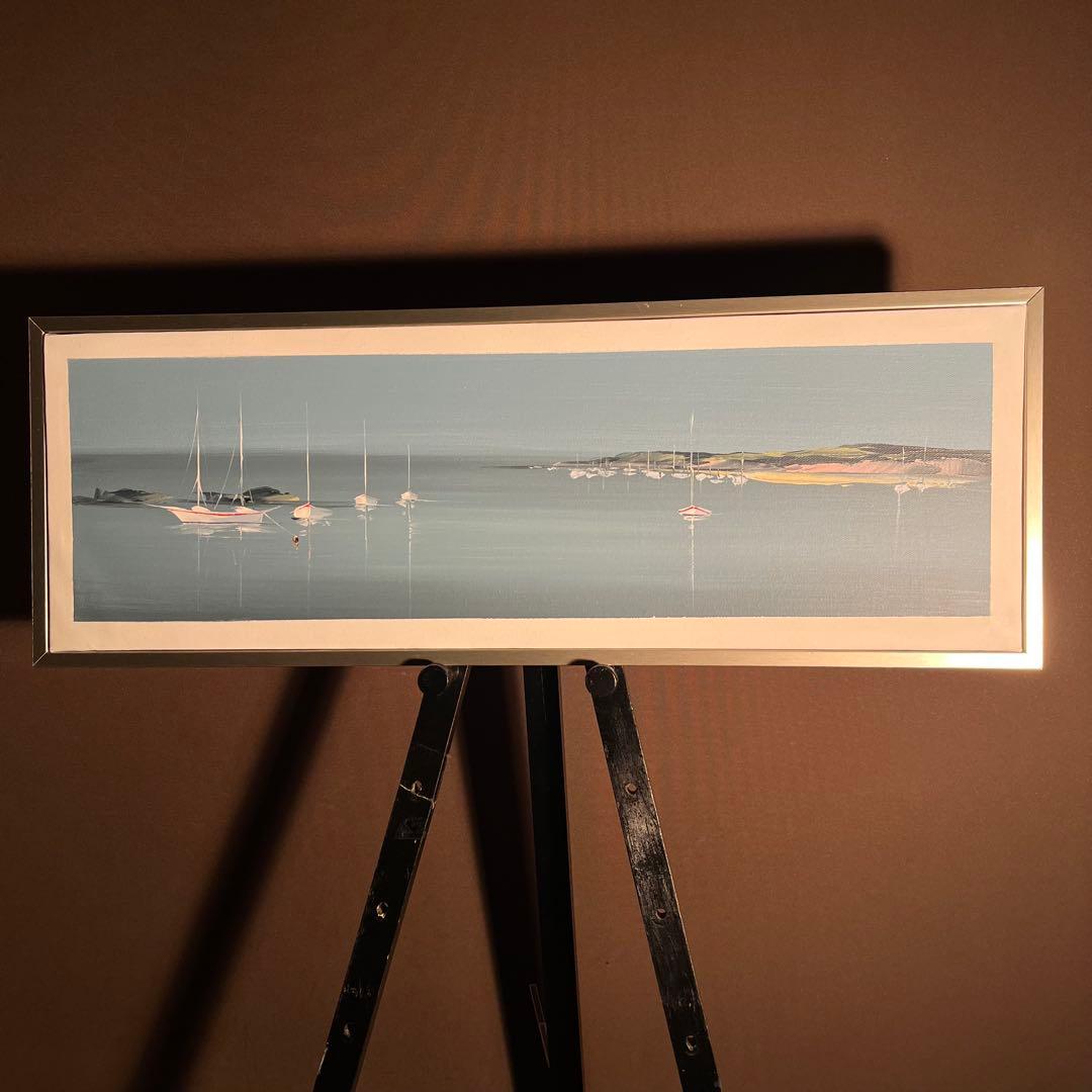 手書き油絵 ヨットハーバー 額付 絵画 インテリア 油彩画