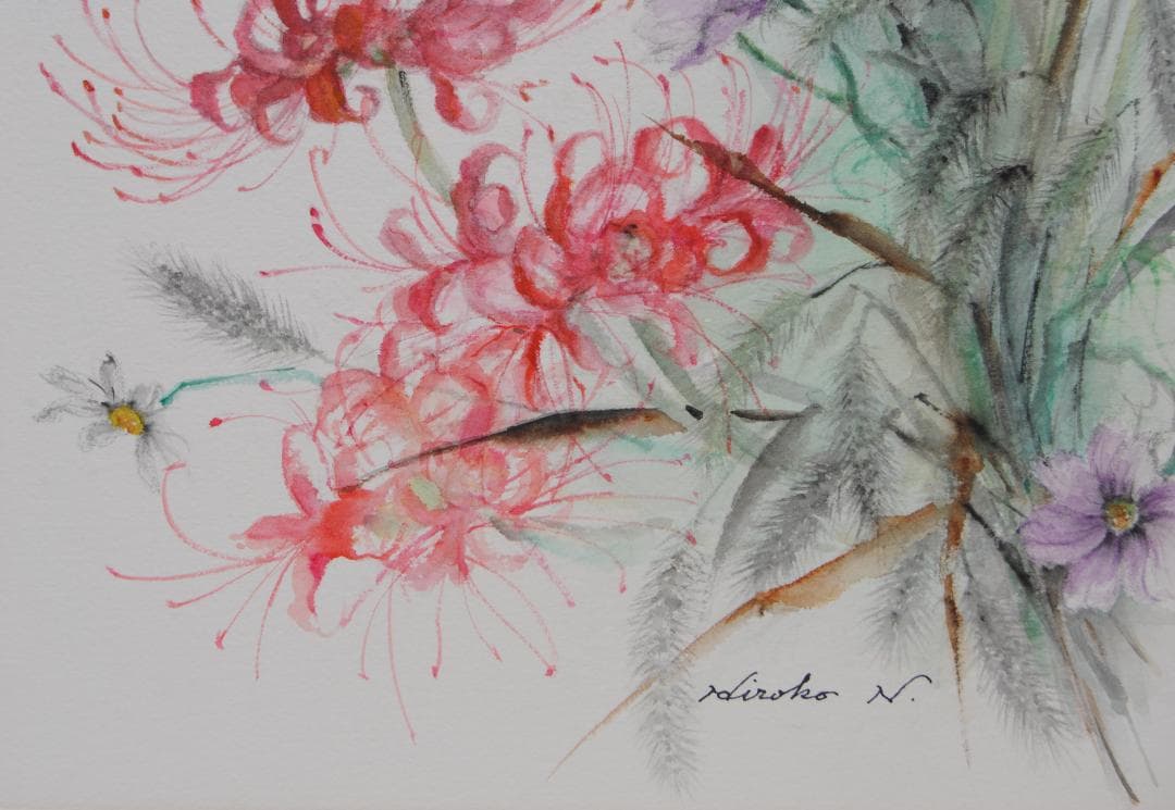 彼岸花 曼殊沙華 コスモス のじぎく 猫じゃらし 水彩画 絵画 花の絵 秋