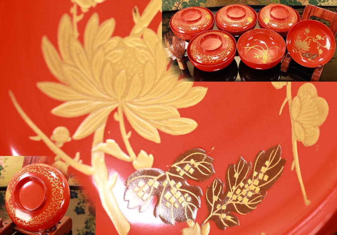 BJ120a　時代輪島塗　四君子図蒔絵　吸物椀　五客　木製　茶道具 懐石 菓子