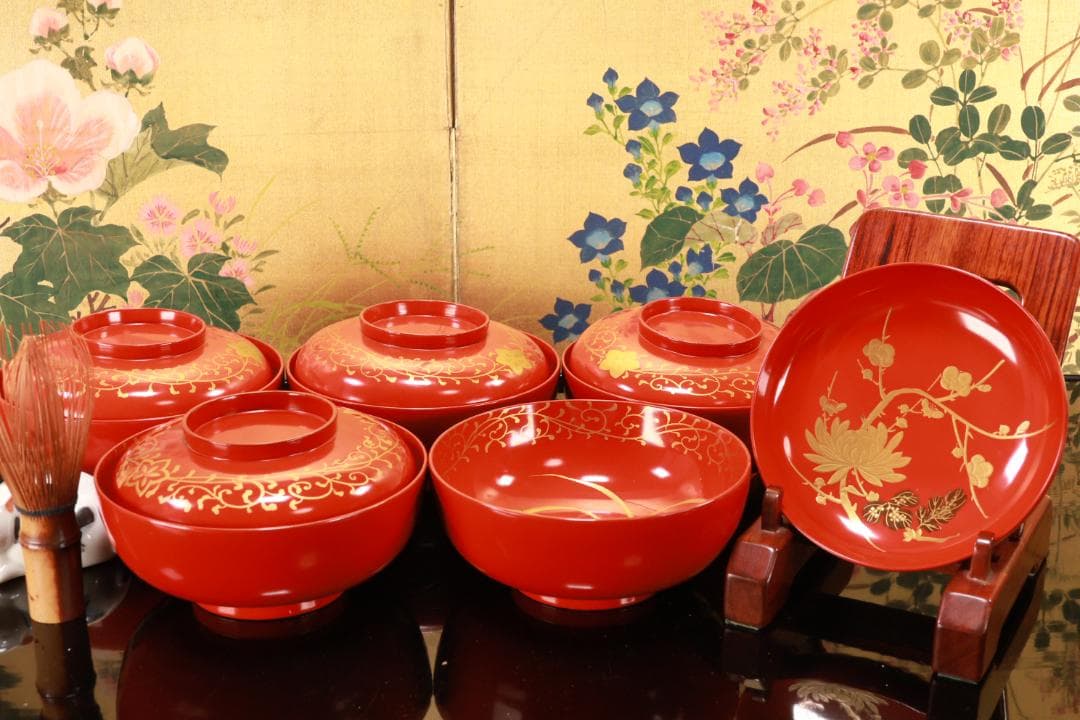 BJ120a　時代輪島塗　四君子図蒔絵　吸物椀　五客　木製　茶道具 懐石 菓子