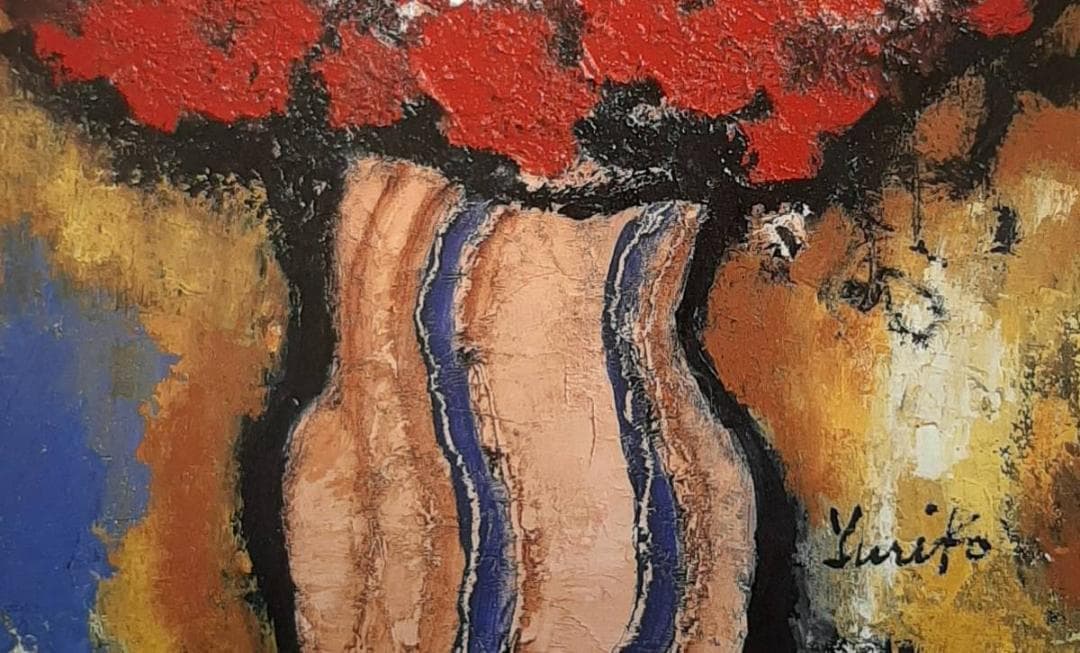 首藤百合子、「赤い花 No17-2」、希少画集の額装画、四季、風景、人気作品