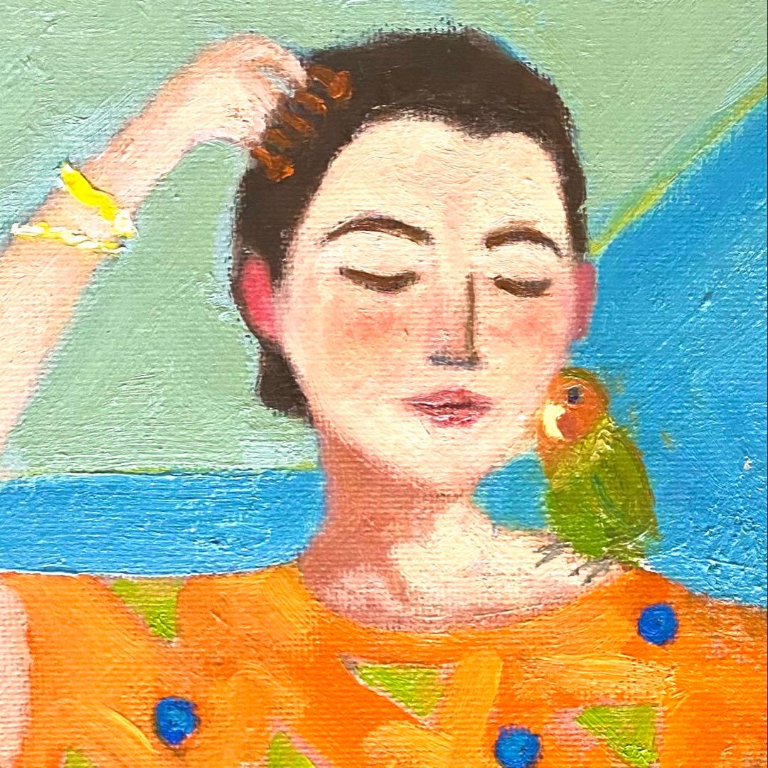 女性とコザクラインコ F4 油彩画 絵画