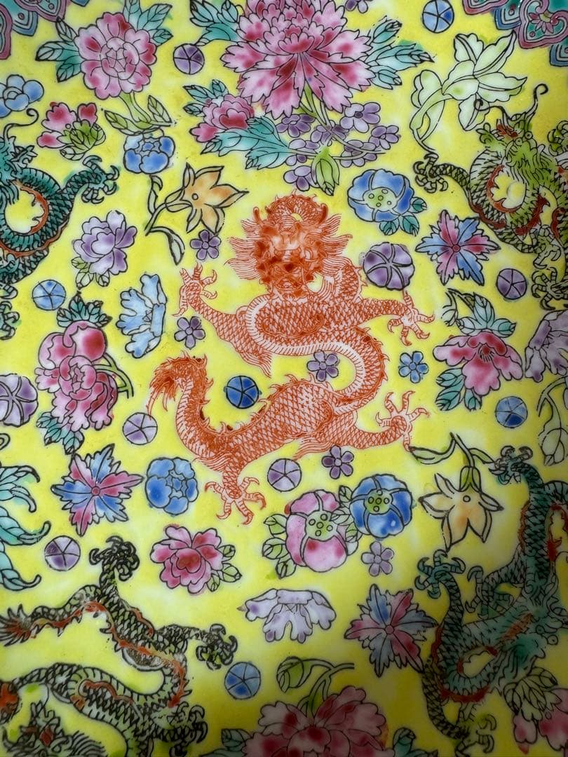 2919 中国 景徳鎮 粉彩 龍文　花文　飾皿　22cm