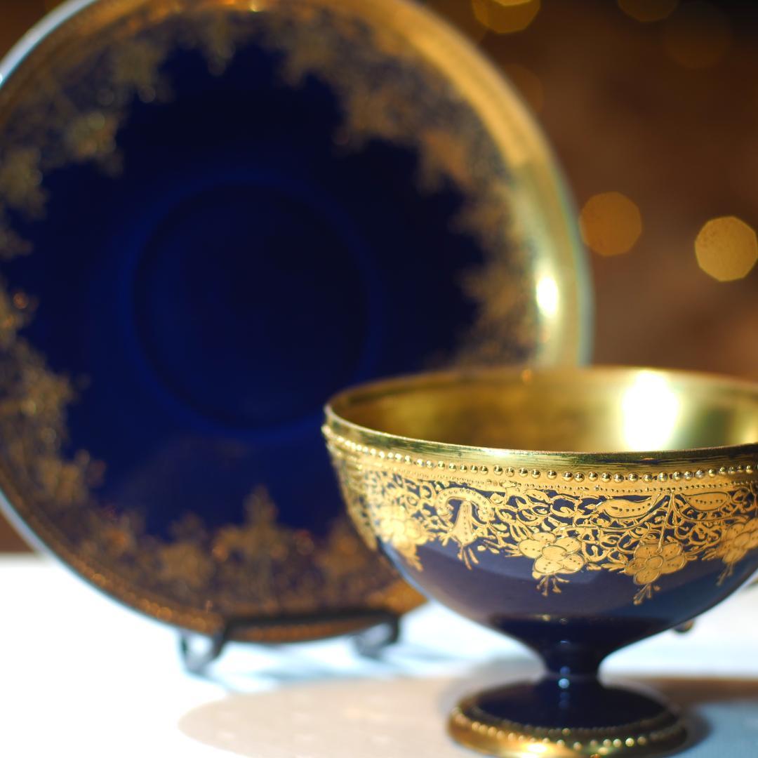 オールドノリタケ 金盛藍線帯華装飾紋 メイプルリーフ印 ペディスタル 里帰り