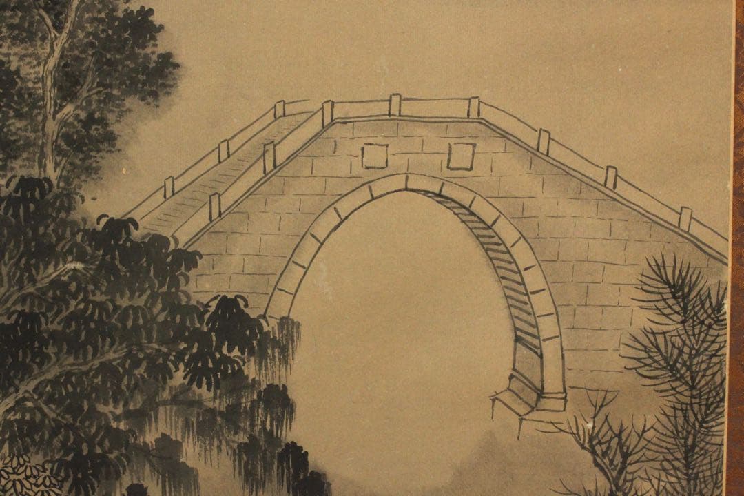 No5614 掛軸　在銘　啓祥　楓橋夜泊　画賛　紙本　中国画　山水　送料無料