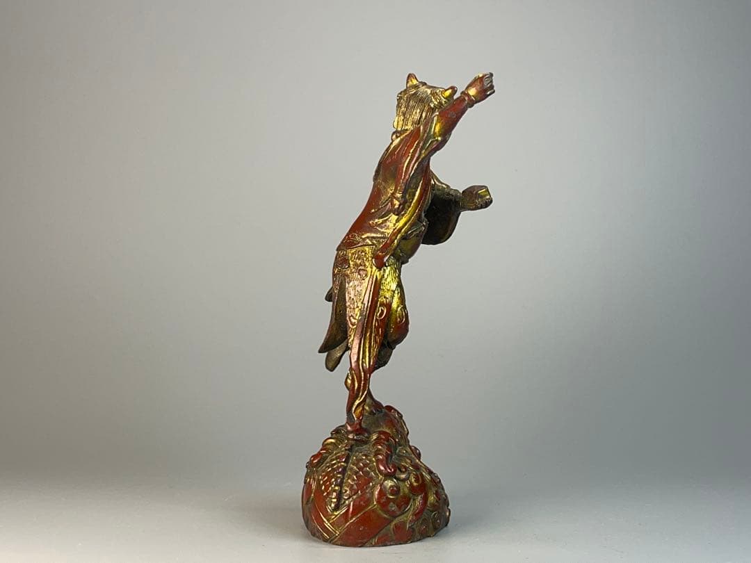 時代物　銅胎　漆器　朱漆金箔　魁星点斗 独立鰲頭（学業有成）置物　縁起物　中国