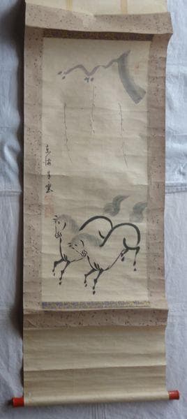 稀少 アンティーク 墨馬 双馬 馬 紙本 肉筆 掛軸 絵画 日本画 古美術