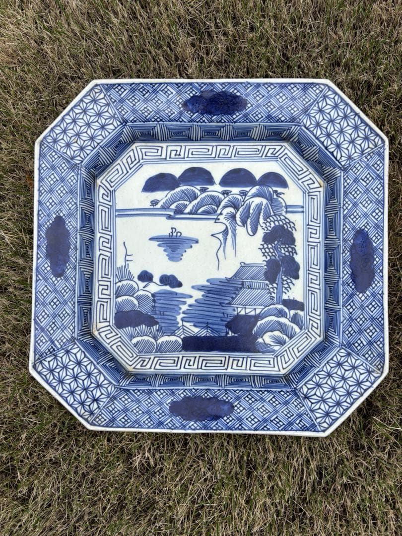 江戸後期〜明治期 染付 八角大皿 山水図 古伊万里様式 幅31.5cm