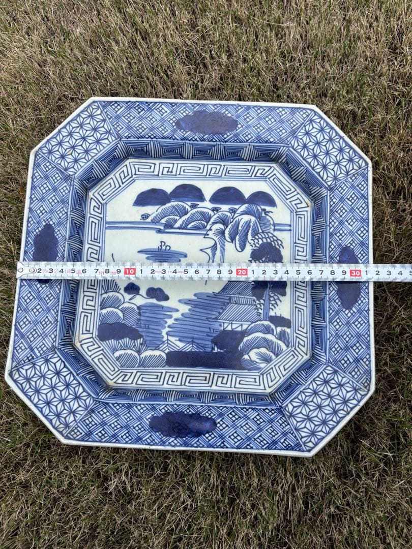 江戸後期〜明治期 染付 八角大皿 山水図 古伊万里様式 幅31.5cm
