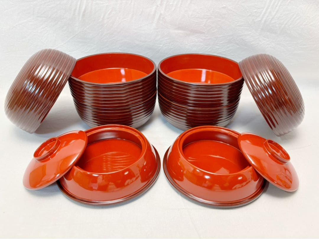 未使用 茶道具 木製溜塗 信玄三段弁当 2客 千筋 内朱 紙箱