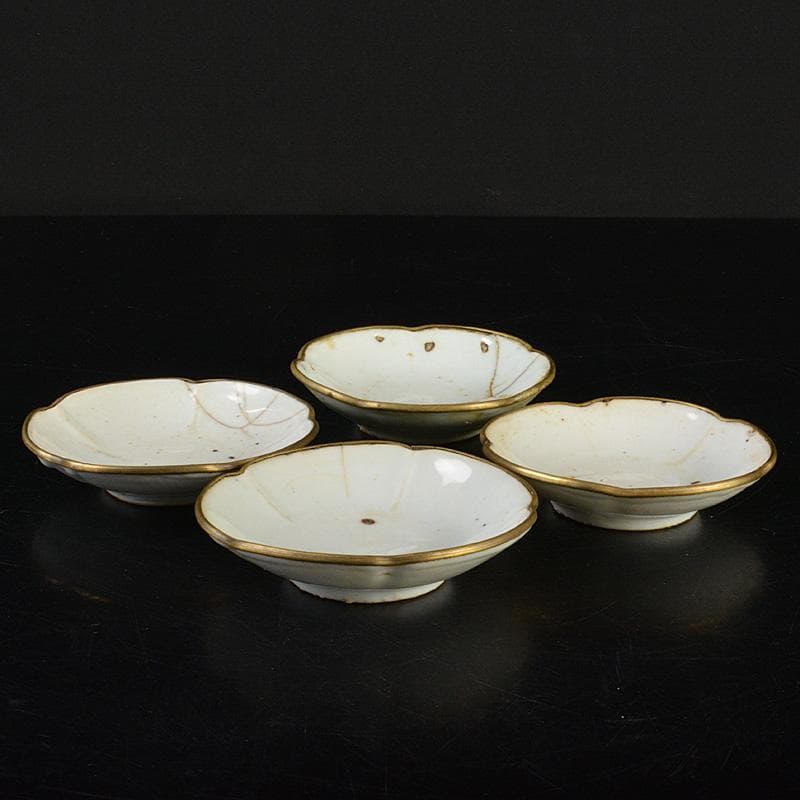 中国　徳化窯　白磁　銅覆輪　輪花皿　四客　V　R7320