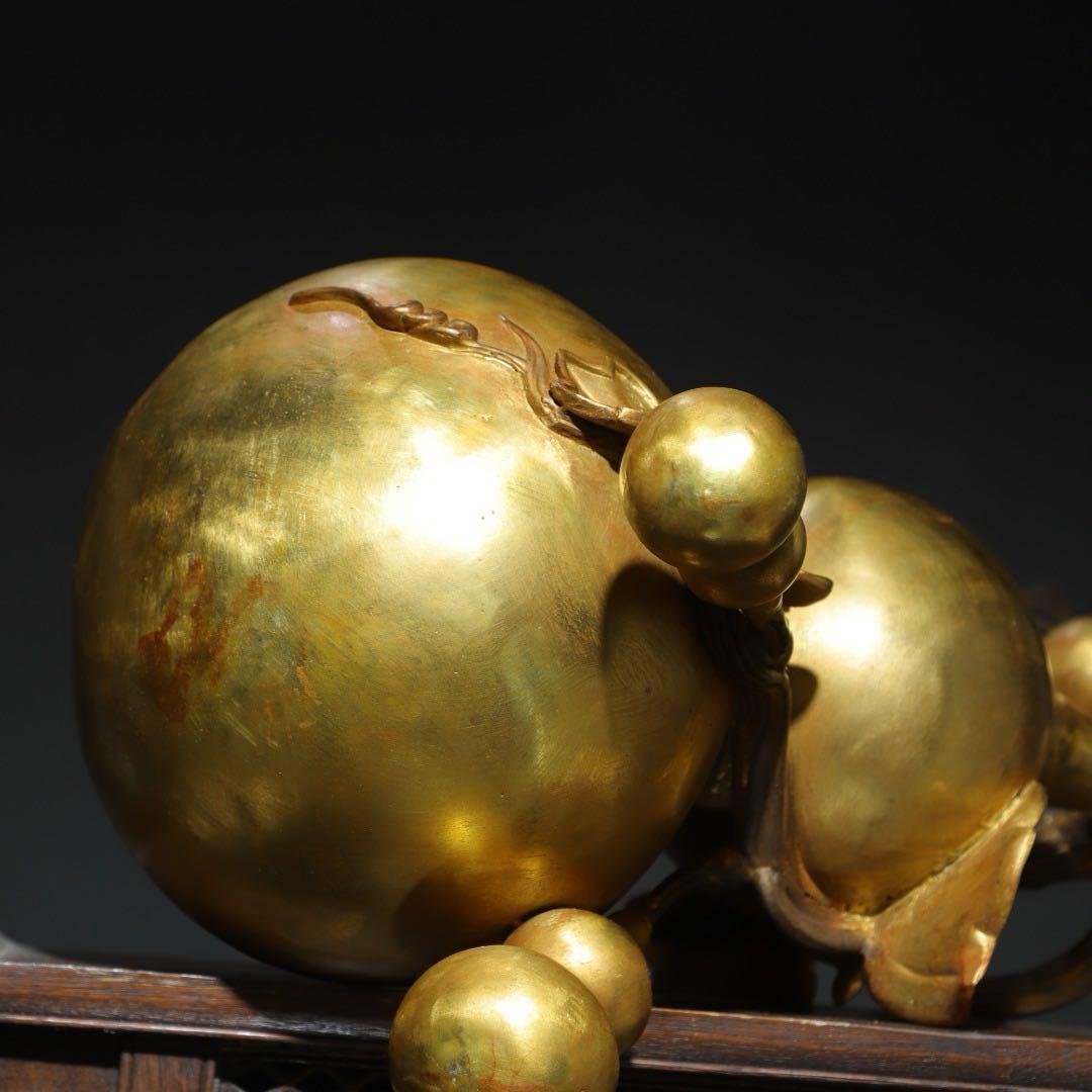 旧蔵　巨大純銅製金メッキ　葫蘆　ふくろう細工彫刻　置物　供奉 供養 インテリア