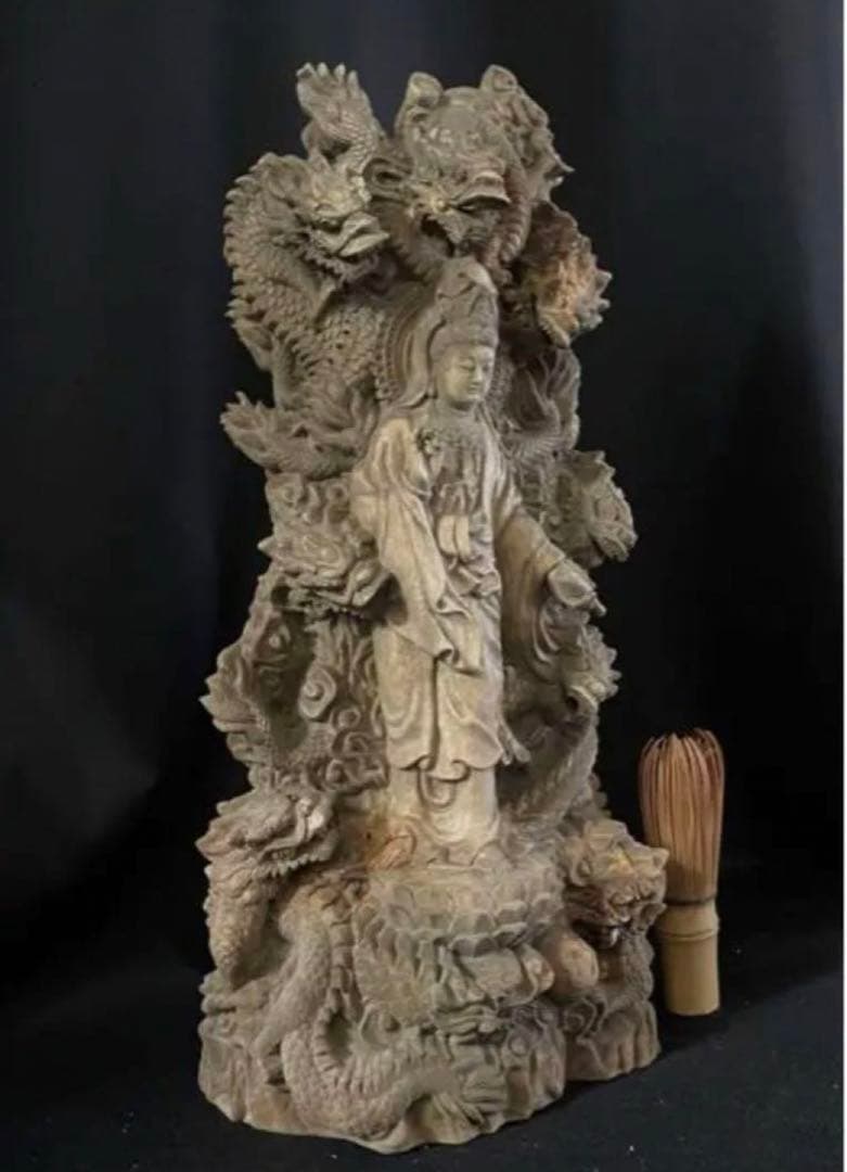 大型　高37cm 仏教工芸品　総楠製　井波彫刻　一刀彫　極上彫　九龍観音菩薩立像