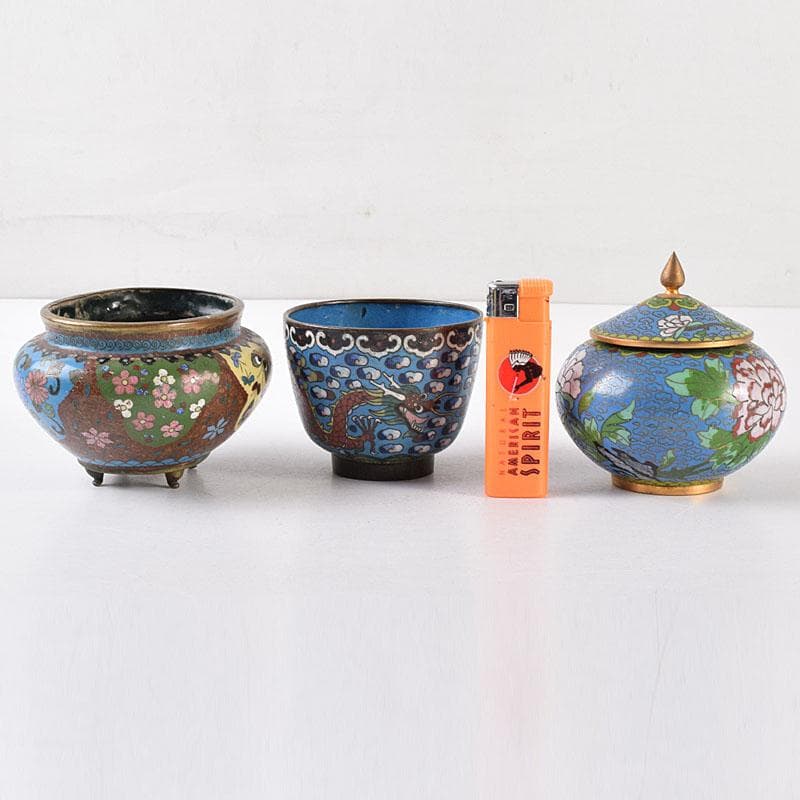 中国　古七宝琺瑯彩　花文　蓋爐　香炉　煎茶碗　3点まとめて　V　R8616