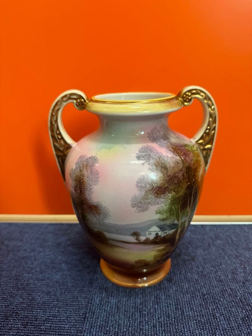 1855  オールドノリタケ　風景画　双耳花瓶　j