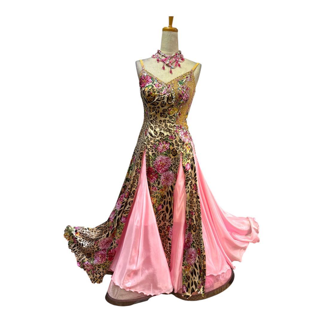 6320★Mピンク ヒョウ柄 花柄 スタンダードドレス 社交ダンス