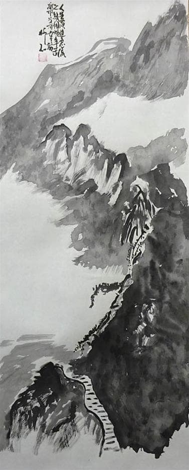掛軸 柳石『阿蘇山 水墨山水画』絹本 肉筆 共箱付 掛け軸 p051801
