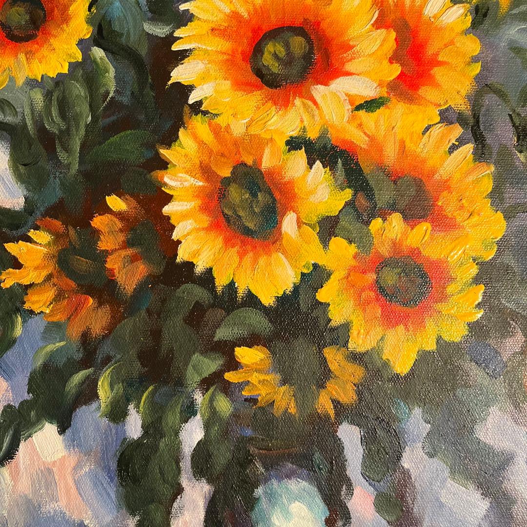 ★秀作★ 手書き油絵 花瓶のひまわり 肉筆絵画 額付き インテリア 油彩画