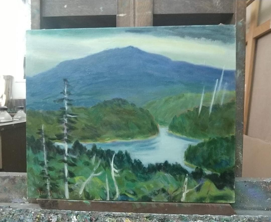 「雨の山湖」絵画 油絵 F8