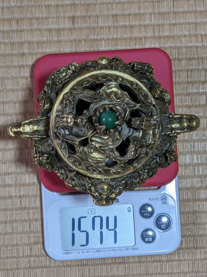 ♦中国 大明宣徳年製 蝋型細密 翡翠玉 龍文様 三足香炉 銅製 置物飾り 骨董品