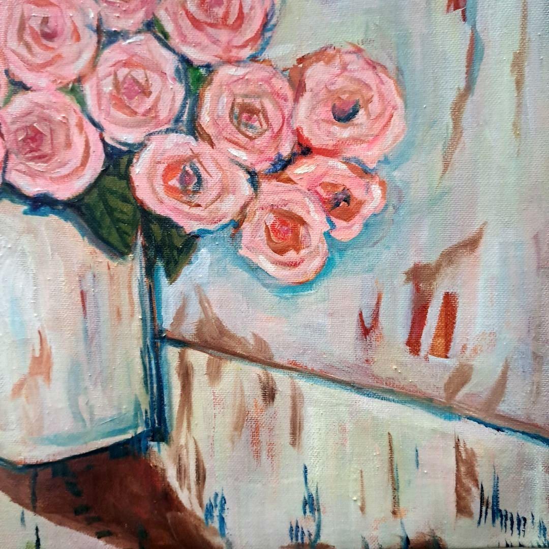 キャンバス油絵　専用　デリケートローズからアイボリーの空間 　大きいキャンパス