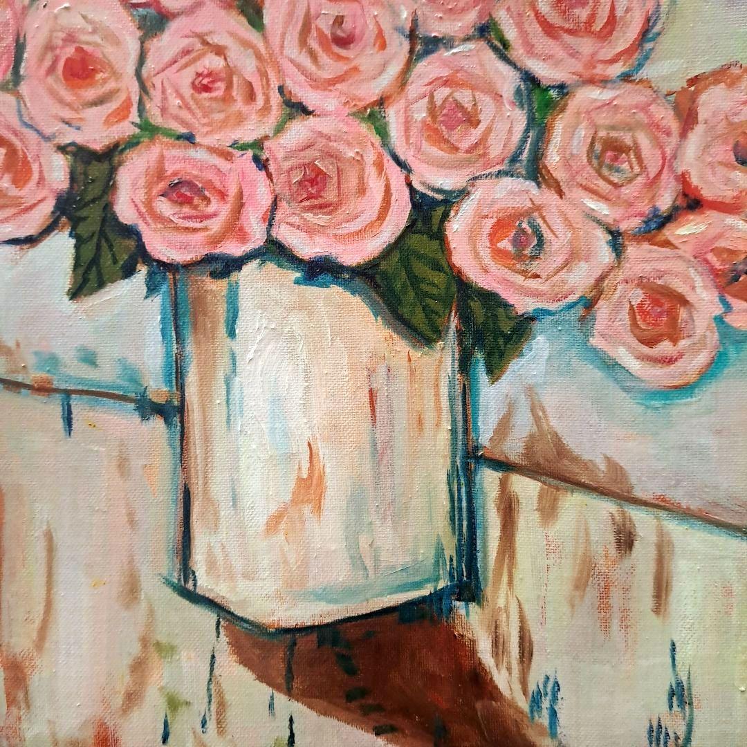 キャンバス油絵　専用　デリケートローズからアイボリーの空間 　大きいキャンパス