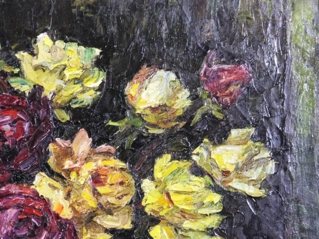 日動画廊取扱　萩谷巌　直筆サイン『ばら』キャンヴァスに油彩 15号 0418L