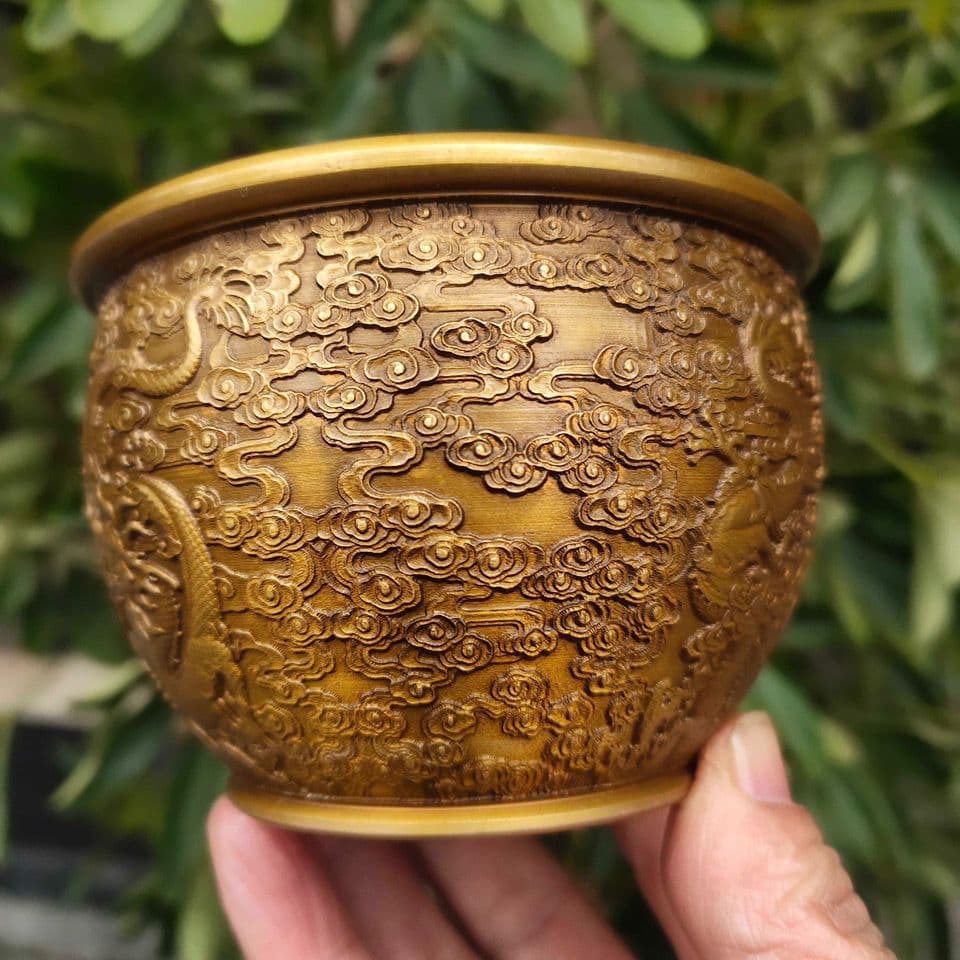 純銅双竜鉢灰皿 工芸品 美術品 置物