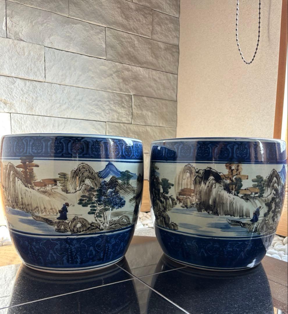 たちばな焼 火鉢 一対 染付 山水文様 昭和レトロ 陶器 メダカ 2個