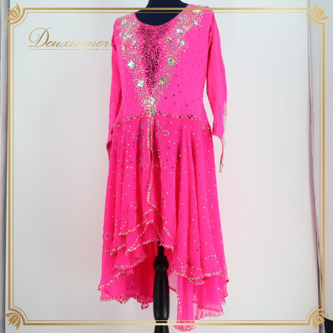 【社交ダンス衣装】ピンク ラテン ドレス ワンピース 蛍光 レース ビーズ デモ